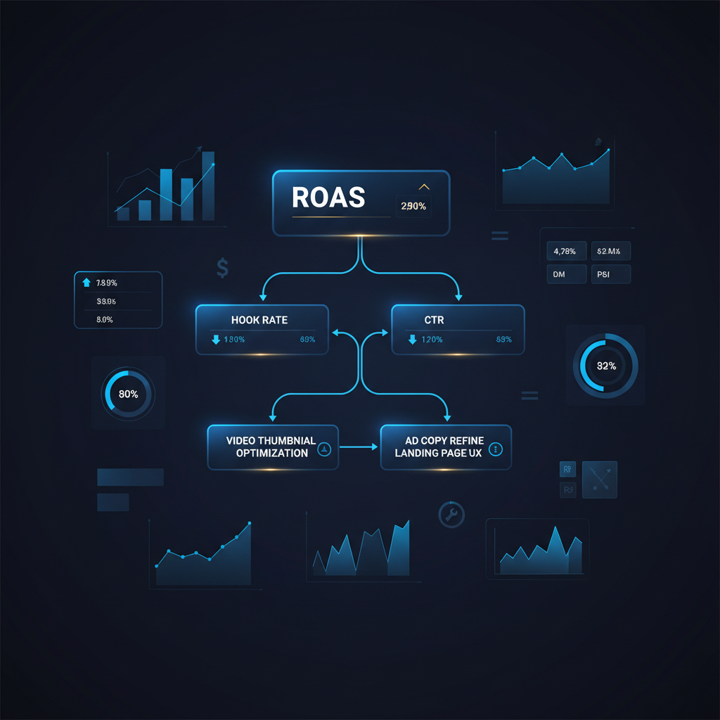 Fluxograma do processo de análise de criativos, partindo do ROAS para métricas de diagnóstico como hook rate e CTR para achar a causa de um problema.
