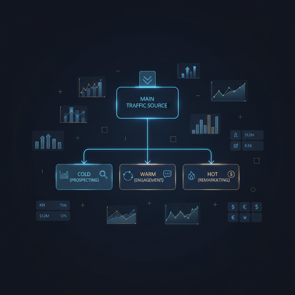 Fluxograma que separa o tráfego em três campanhas distintas baseadas na temperatura do público: frio, morno e quente.