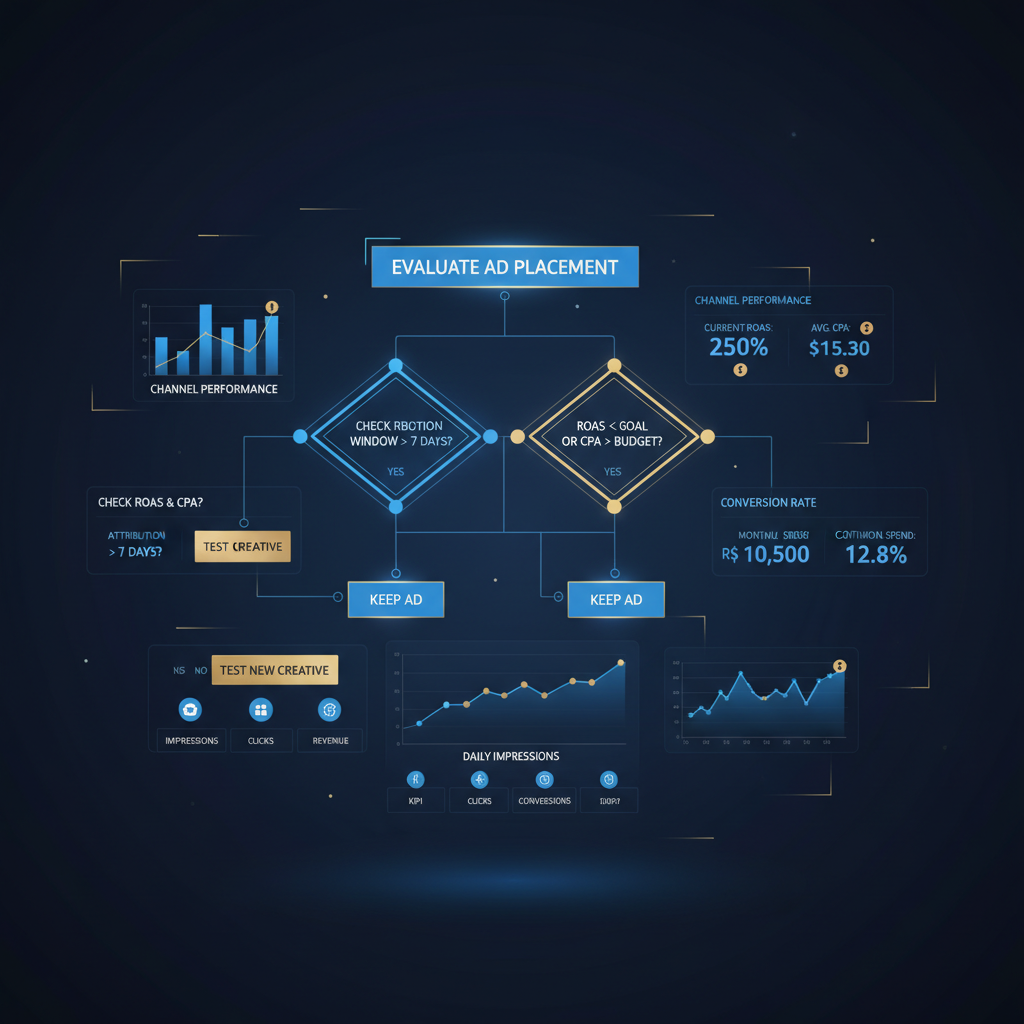 Fluxograma com um processo de decisão para otimizar ou cortar um posicionamento de anúncio com base em métricas de desempenho.