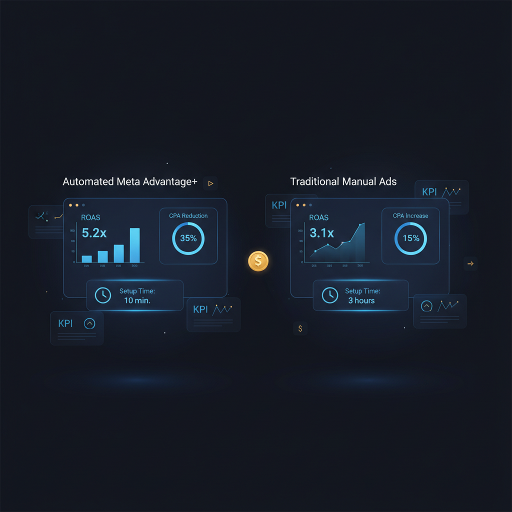 Gráfico comparativo detalhado lado a lado entre campanhas Meta Advantage+ Shopping automatizadas e configurações manuais de anúncios, mostrando KPIs de performance como ROAS, CPA e tempo de configuração.