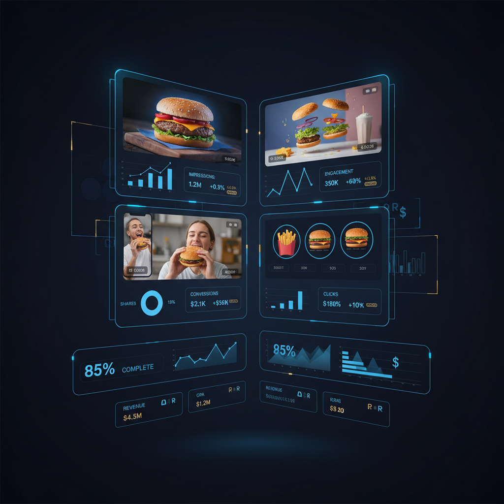 Grade comparando quatro criativos de anúncio para um hambúrguer: uma foto, um vídeo em stop-motion, um de conteúdo gerado por usuário e um carrossel.